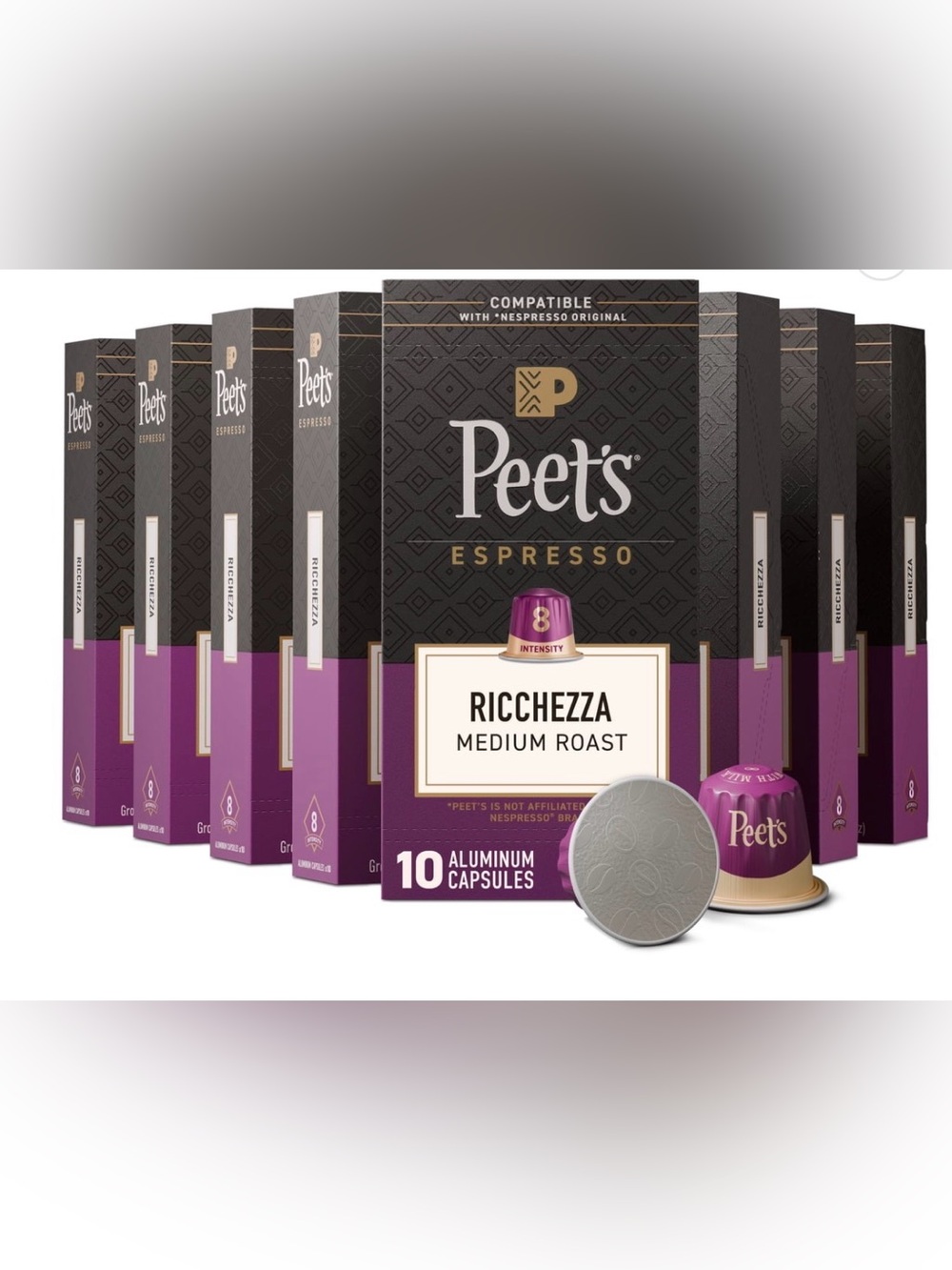Peet’s Coffee Ricchezza Medium Roast Intensity 8 Espresso Coffee Pods 100 Count